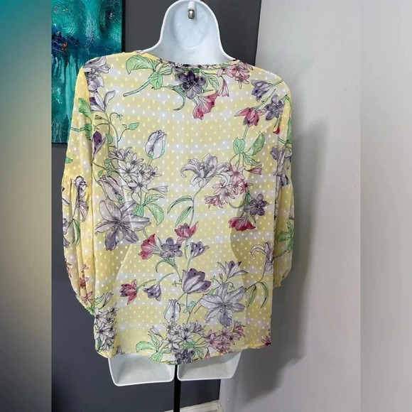 Women’s Small Swiss Dot SHEER Yellow Floral Blouse Keyhole‎ Cottagecore Dainty - Picture 12 of 16